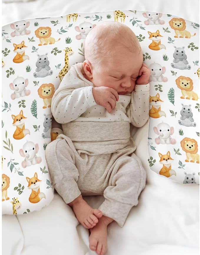 Safari Animals Baby Nursing Pillow Covers for Boy Girl Cute Lion Giraffe Elephant Hippo Tropical Leaves Nursery Pillowcase for Breastfeeding Pillows Zoo Jungle Soft Stretchy Slipcovers for Newborn