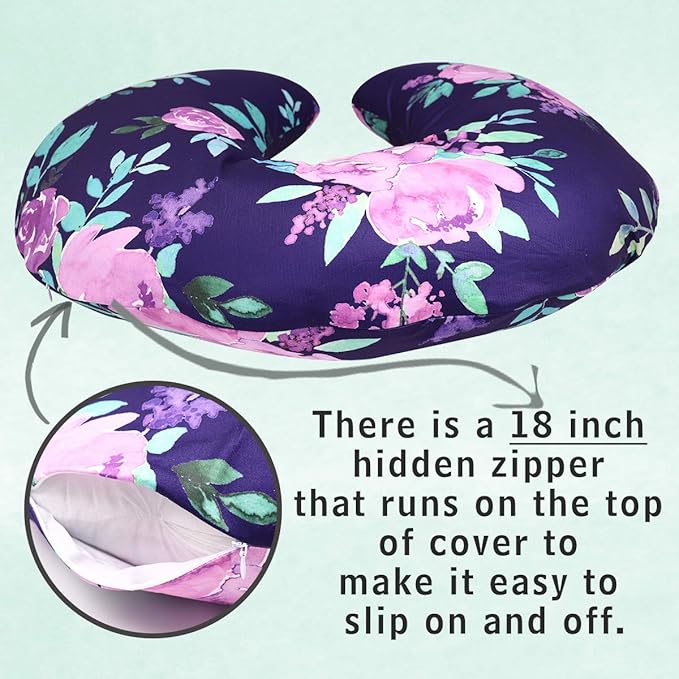 Purple Floral Nursing Pillow Cover, Breastfeeding Pillow Slipcover for Baby Boys & Girls, Nursing Pillow Case for Newborn, Soft Fabric Fits Snug On Infant, Washable & Breathable, Watercolor Flower
