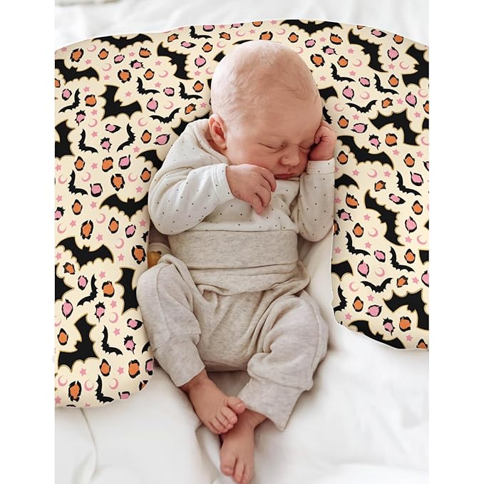 Halloween Bats Leopard Baby Nursing Pillow Covers for Boy Girl Pink Orange Spooky Bats Moon Stars Nursing Pillowcase for Breastfeeding Pillows Halloween Night Soft Stretchy Slipcovers for Newborn