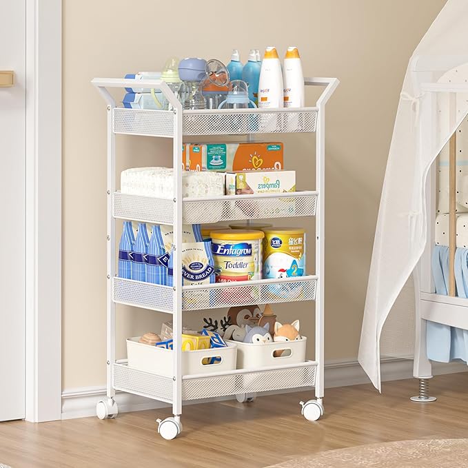 4-Tier Baby Diaper Caddy Cart, Diaper Caddy Organizer and Storage, Nursery and Baby Essentials Storage, Rolling Utility Cart for Bedroom and Bathroom, White