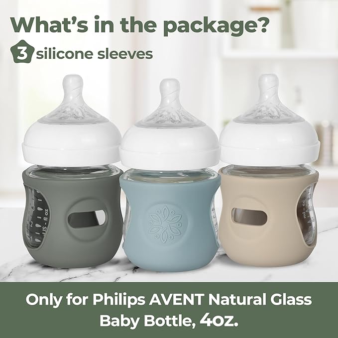 3 Pack Silicone Sleeves for Philips Avent Natural Glass Baby Bottles, Food Grade Silicone Anti Breakage Baby Bottles Holder, Compatible with Philips Avent Glass Natural Baby Bottle 4oz