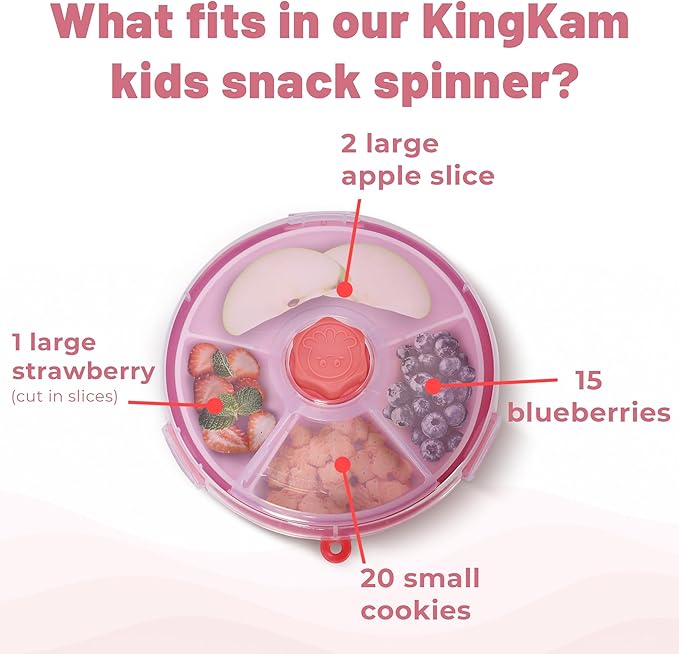KingKam Kids Snack Spinner Containers, Reusable Toddler Spin Snack Container Box with 4 Compartments & Lid, Travel On-The-Go Snacking, BPA Free | Dishwasher Safe | Strap and Sticker (Pink)