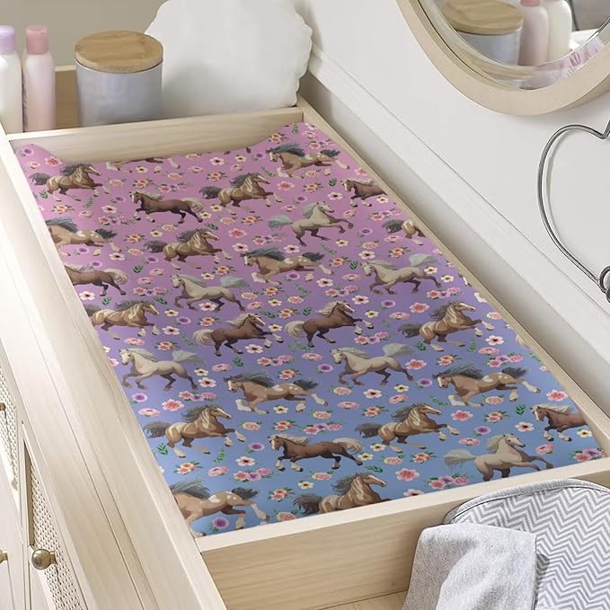 Stretchy Diaper Changing Table Cover, Snug and Soft Change Table Pad Covers Fit 16 * 32 Inches, Running Horse Floral