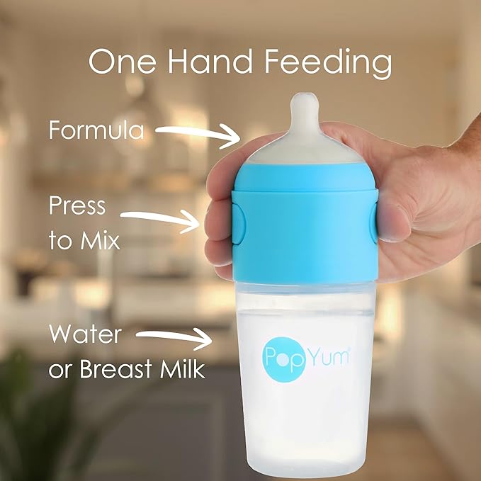 PopYum 9 oz Blue Anti-Colic Formula Making/Mixing/Dispenser Baby Bottles, 3-Pack with #2 Medium Flow Nipples, 260 ml, BPA-Free, Natural Latch