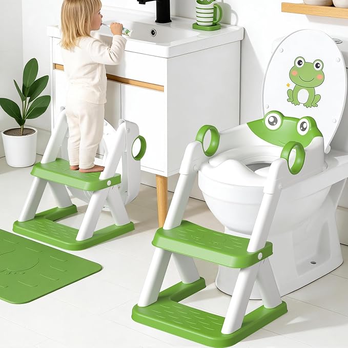 COOSEYA Frog Toilet Seat, Potty Training Seat for Toddler, Upgrade Potty Training 2 in 1 Toddler Toilet Seat for Boys Girls,Waterproof Soft Mat Non-Slip Step Stool