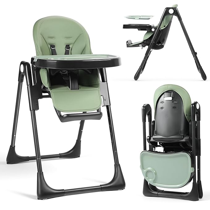 TODEFULL 3 in 1 Foldable Baby High Chair, Infant High Chairs for Babies and Toddlers, 6 Height & 5 Recline Adjustable Toddler Feeding Chair, 2 Tray Depth & 3 Footrest Angles, 2 Built-in Wheels, Green