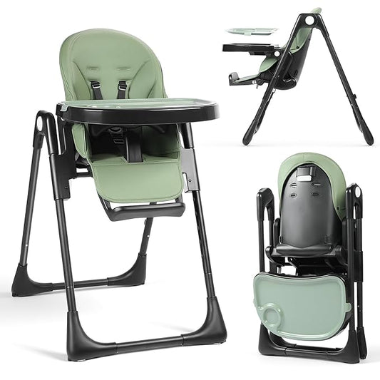 TODEFULL 3 in 1 Foldable Baby High Chair, Infant High Chairs for Babies and Toddlers, 6 Height & 5 Recline Adjustable Toddler Feeding Chair, 2 Tray Depth & 3 Footrest Angles, 2 Built-in Wheels, Green
