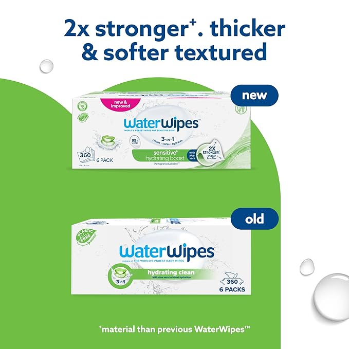 WaterWipes Sensitive+ Hydrating Boost Wipes, 3-In-1 Cleans, Cares, Hydrates, 99% Water with Aloe Vera, Unscented & Hypoallergenic Baby Wipes, 360 Count (6 Packs)