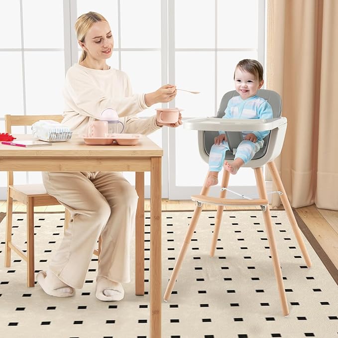 HONEY JOY Baby High Chair, 6-in-1 Eat & Grow Wooden Highchair/Toddler Chair with Removable Tray, 5-Point Harness, PU Cushion and Footrest, Convertible High Chair for Babies and Toddlers(Gray)