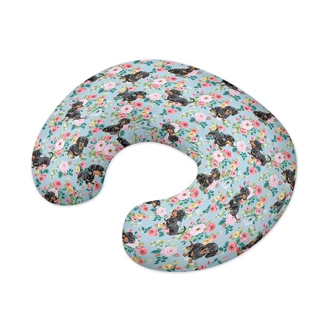 Jeiento Floral Black Dachshund Dog Nursing Pillow Cover Cartoon Blue Slipcover for Baby Removable Comfort Pillow Slipcovers for Breastfeeding U-Shaped Pillows