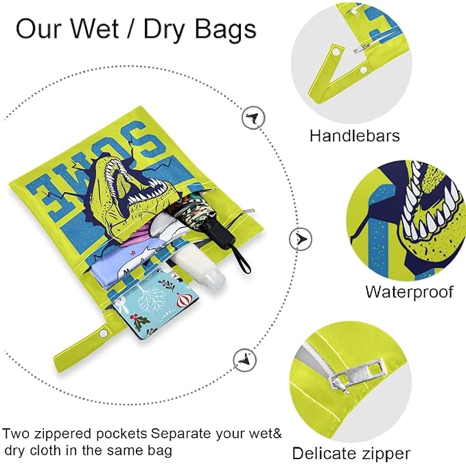 visesunny Cartoon Dinosaur 2Pcs Wet Bag with Zippered Pockets Washable Reusable Roomy for Travel,Beach,Pool,Daycare,Stroller,Diapers,Dirty Gym Clothes, Wet Swimsuits, Toiletries