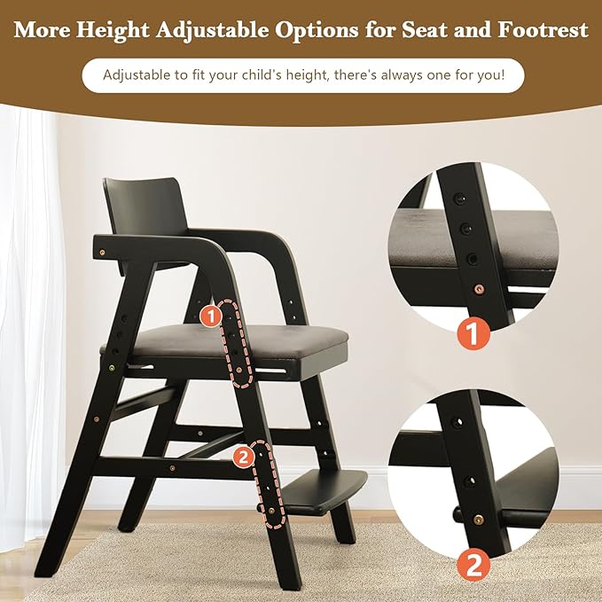 Solid Wood High Chair for Toddlers to Teens, Adjustable Height Toddler Dining Chair, Easy to Clean Toddler Highchair with Removable PU Cushion for Dining, Studying, Step Stool, Black