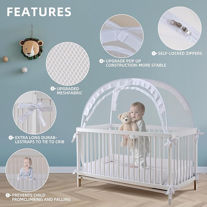 Lazyzzzz Crib Tent - Pop Up Crib Canopy with Double Zipper Self-Locked,1200 Holes/Inch Mesh Crib Net to Keep from Climbing Out, Portable Easy Install Mosquito Net 55" L x 27" W x 51" H White