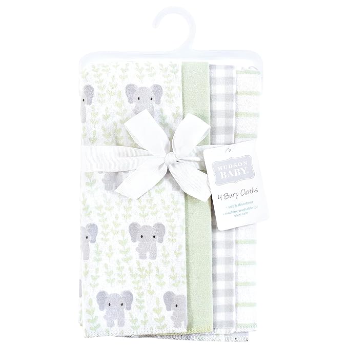 Hudson Baby Unisex Baby Cotton Flannel Burp Cloths 4-Pack, Leafy Elephant, One Size