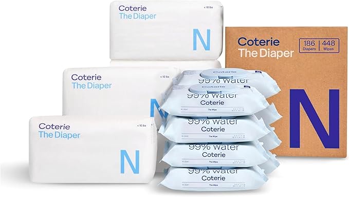 Coterie Baby Wipes + Diapers Kit, Size Newborn Diapers (186 Count) & 8 Pack (448 Count) Baby Wipes with 99% Water, Plant Based Materials, Hypoallergenic for Sensitive Skin, Baby Essentials