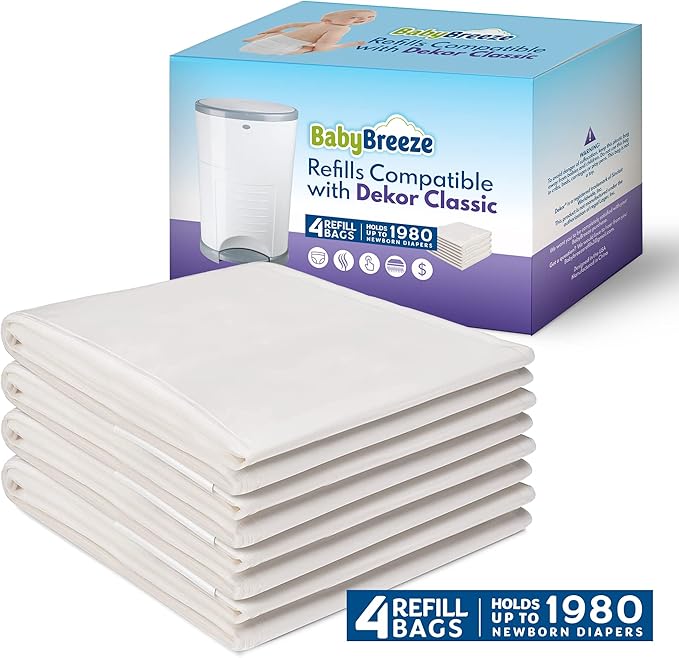 BabyBreeze Diaper Pail Refills Compatible with Dekor Classic – 4 Pack Continuous Refill Bags – Powder Scent Odor Control – Leak Resistant Diaper Disposal Liners – Holds Up to 1980 Diapers