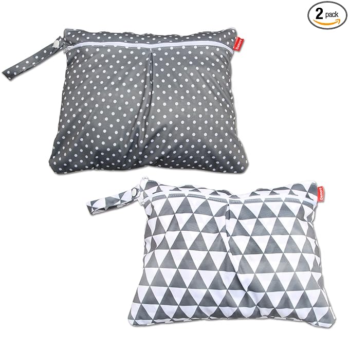 Damero 2pcs Travel Wet and Dry Bag with Handle for Cloth Diaper, Pumping Parts, Clothes, Swimsuit and More, Easy to Grab and Go (Small, Gray Triangle+ Gray Dots)