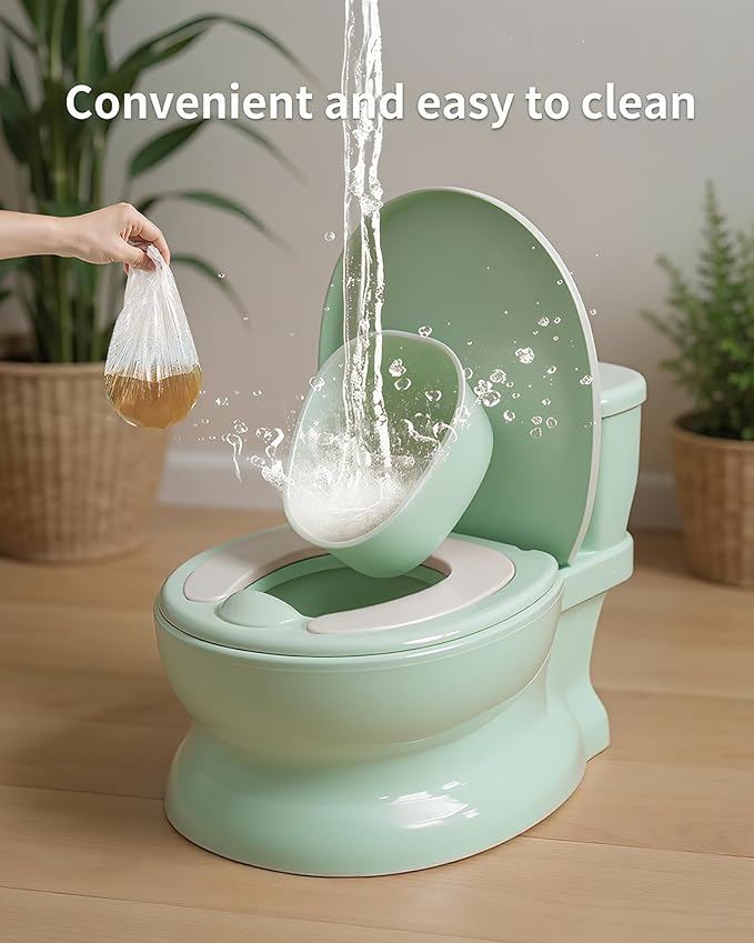 Realistic Potty Training Toilet - Flushing Sounds, Wipes Storage, Disposable Liners, Easy to Clean for Toddler Boys and Girls (Green)