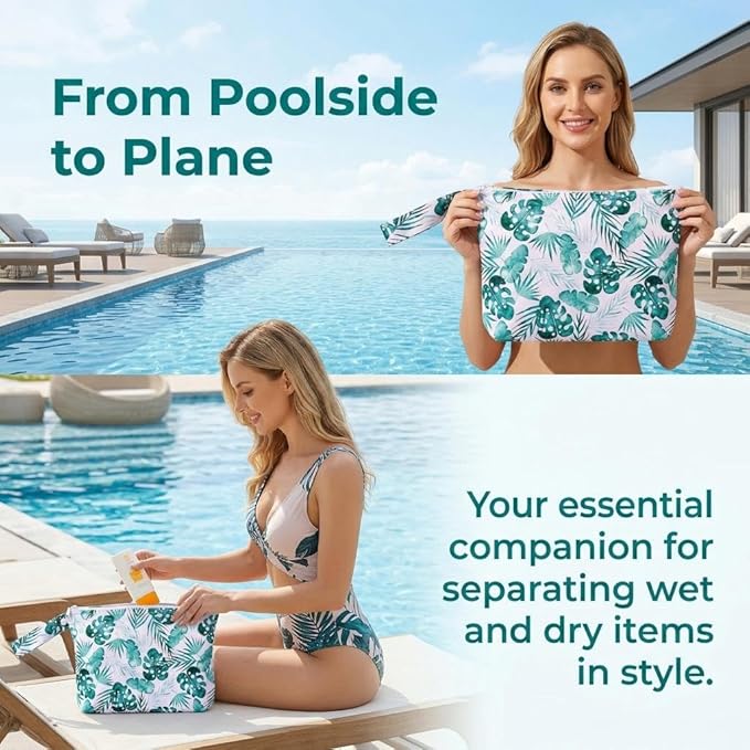 Waterproof Wet Bag with Wrist Strap, Reusable Zippered Pouch for Beach, Swim & Travel, Compact Cosmetic Toiletry Organizer Bag, 7.9 * 9.5 * 2 inches