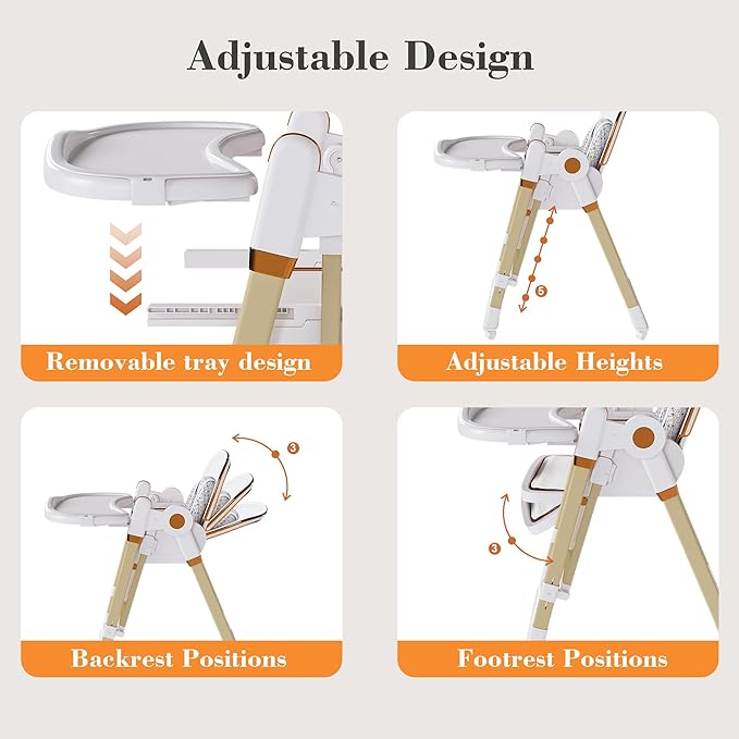 Foldable Baby High Chair with 150° Swing & Recline,Convertible High Chairs for Babies and Toddlers,5 Height Levels,3 Backrest & Footrest Positions,Removable Double Tray,Lockable Wheels (White)