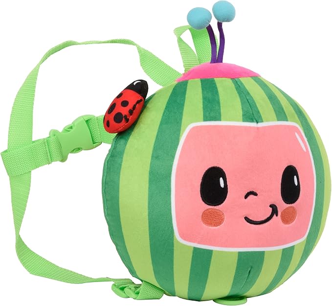 AI ACCESSORY INNOVATIONS Cocomelon Plush Watermelon Toddler Backpack with Detachable Safety Leash, Anti Lost Safety Harness 10” Bag for kids