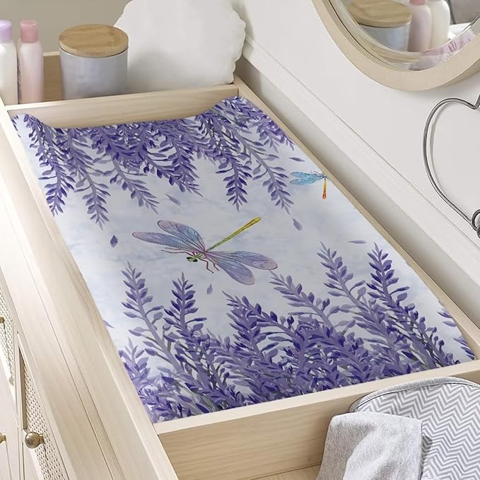 Microfiber Diaper Changing Table Sheets for Infants and Toddles Purple Dragonfly Lavender Baby Changing Pad Cover Soft Breathable