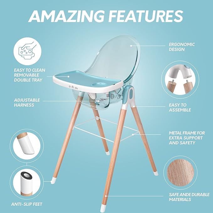 6 in 1 Deluxe Wooden High Chair for Babies & Toddlers, Modern Safe & Compact Baby Highchair, Easy to Clean & Assemble, Removable Tray, 6 Options 3 Seat Positions 2 Heights (Blue)
