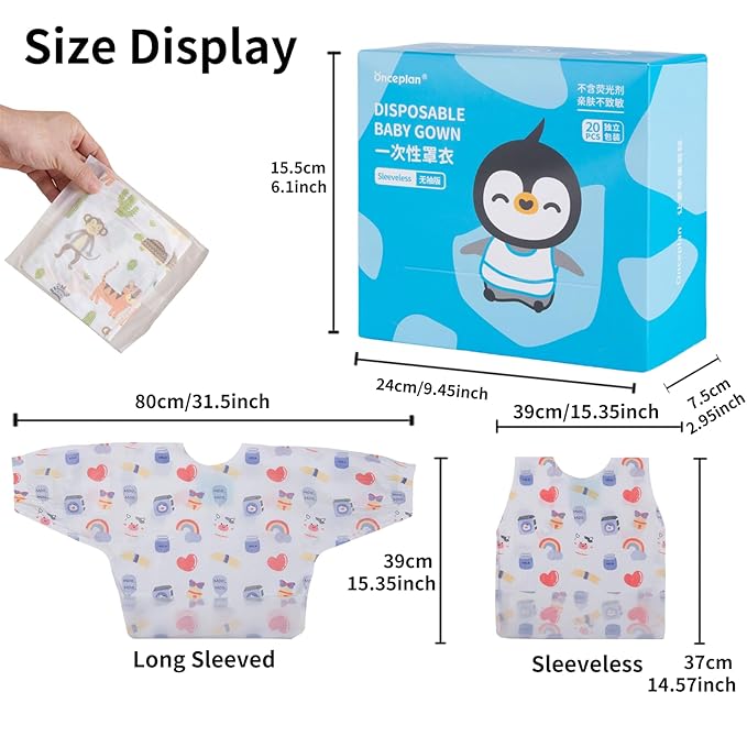Disposable Baby Gown,20 Pcs Bib Shirt, Individual Pack, 15.35’’ x 14.57’’ Sleeveless Bib, Baby Eating Smock (Green Rainbow, Sleeveless Style)