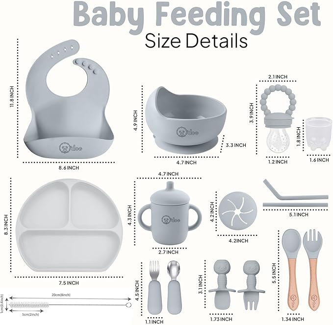 O'doe 17-Piece BPA-Free Silicone Baby Feeding Set | Thick & Soft Suction Plates, Baby Bowls, Wooden Fork & Spoon, and More | Make Mealtime Fun and Easy for Your Little One (Grey, V2)