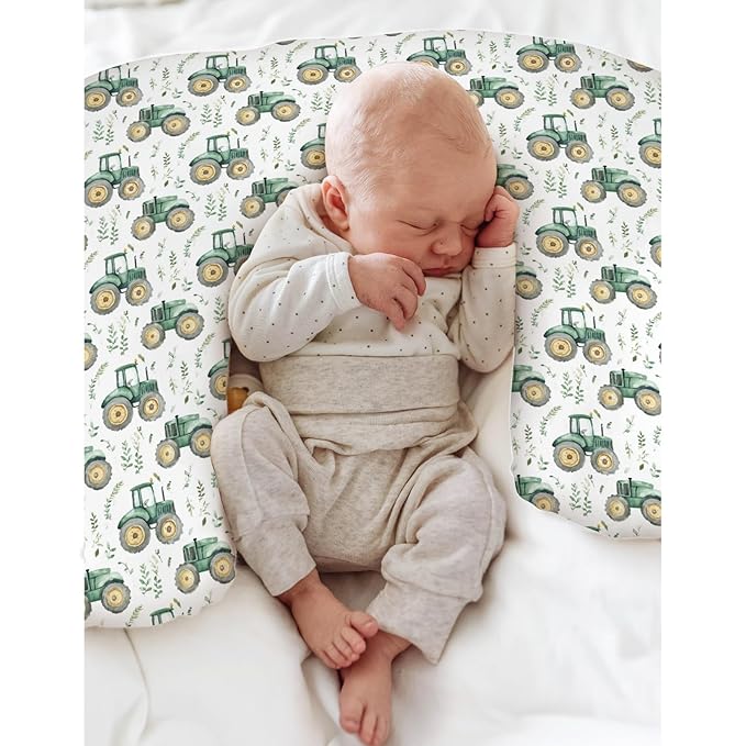 Watercolor Green Tractors Baby Nursing Pillow Covers for Boy Girl Farm Tractors Boho Leaves Nursery Feeding Pillowcase for Breastfeeding Pillows Farm Life Soft Stretchy Slipcovers for Newborn Infant