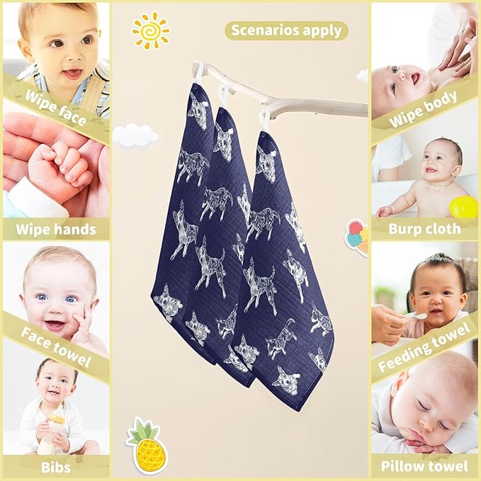 vvfelixl Baby Muslin Washcloths Blue Heeler Dog Baby Burp Cloths Cotton Babys Face Towel for Infants Soft 11.8 X 11.8 in, 3 Pack