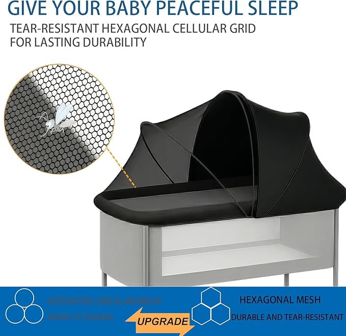 Portable Bassinet Cover for Cats & 2-Way Zipper, Half-Blackout Mosquito Net with Sunshade, Breathable Bassinet Net Cover, Mosquito Net for Baby Crib to Keep Cats Out （Black）