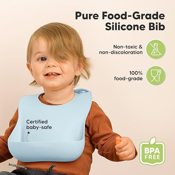 KeaBabies 2-Pack Silicone Bibs for Babies, Toddlers Girl, Boy – Sturdy Food-Grade Baby Bibs for Eating, Large Food Catcher, Clean & Put On Easily, Waterproof Toddler Feeding Essentials (Ocean)