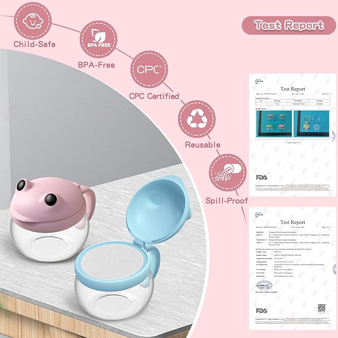 BeneLabel 2 Pack 12.3 Oz Snack Cups for Toddlers Spill Proof Food Grade Tritan Baby Snack Container with Cute Frog Lid and Handle PVC Free Kids Snack Catcher Fit for On-the-Go (Pink & Blue)