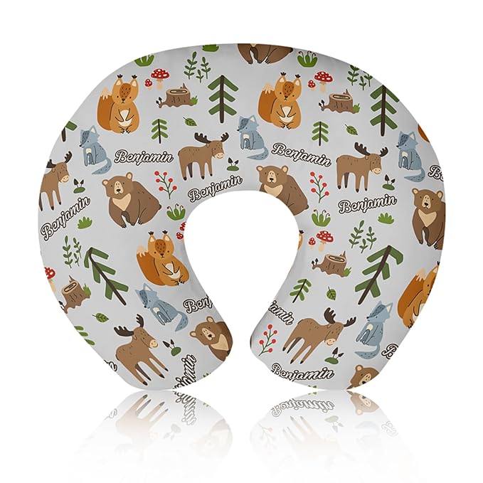 Baby Nursing Pillow Cover - Personalized Name Breastfeeding Pillow Cover with Fox Pattern, Stretchy Removable U-Shaped for New Moms, Soft Breathable Slipcover for Infant Boys Girls
