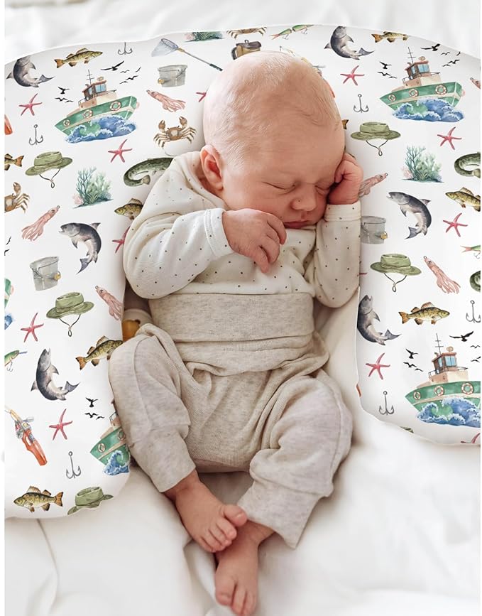Gone Fishing Baby Nursing Pillow Covers for Boy Girl Ocean Boats Fishes Crabs Seaweed Nursing Pillowcase for Breastfeeding Pillows Fishing Lovers Gift Soft Stretchy Slipcovers for Newborn Infant