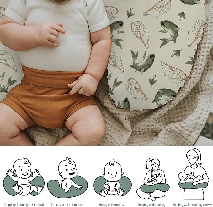 Gone Fishing Baby Nursing Pillow Covers for Boy Girl Vintage Bass Fishes Net Lake Nursery Pillowcase for Breastfeeding Pillows Fishing Lovers Gift Soft Stretchy Slipcovers for Newborn Infant