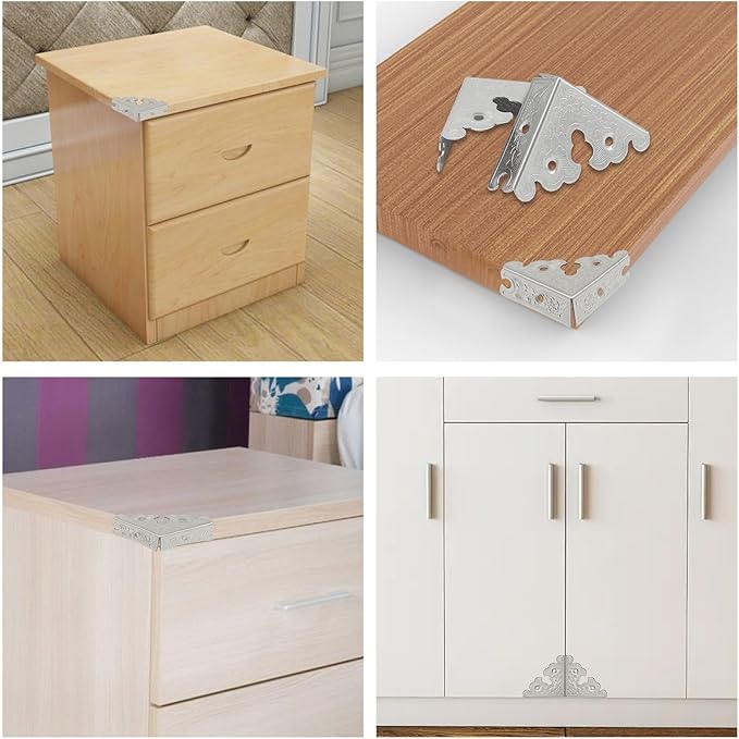 Bivethoi 12 Pack 1.34" x 1.34" Decorative Corner Protectors, Retro Style Edge Safety Guards Silver Covers, Vintage Metal Edge Cover for Furniture/Table/Jewelry Box