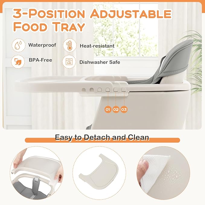 BABY JOY Convertible Baby High Chair, 3 in 1 Wooden Highchair/Booster/Chair with Removable Tray, Adjustable Legs, 5-Point Harness, PU Cushion and Footrest for Baby, Infants, Toddlers (Gray)