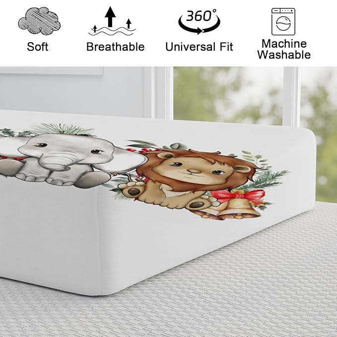 Cute Jungle Safari Animals Christmas Cheery Fir Leaves Changing Pad Covers Lion Elephant Giraffe Zebra Hippo Baby Change Table Pad Cover for Boy Girl Soft Stretchy Changing Mat Sheets 32''x16''