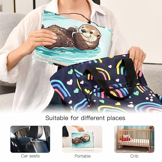 Sea Otters Portable Diaper Changing Pad - Waterproof Foldable Baby Diaper Changing Pad with Built-in Pillow, Travel Diaper Changing Mat for Newborn Baby