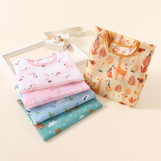 5-Pack Baby Long Sleeve Waterproof Bib Full Coverage Apron Bib Smock Toddler Bibs with Pocket 3-30 Months