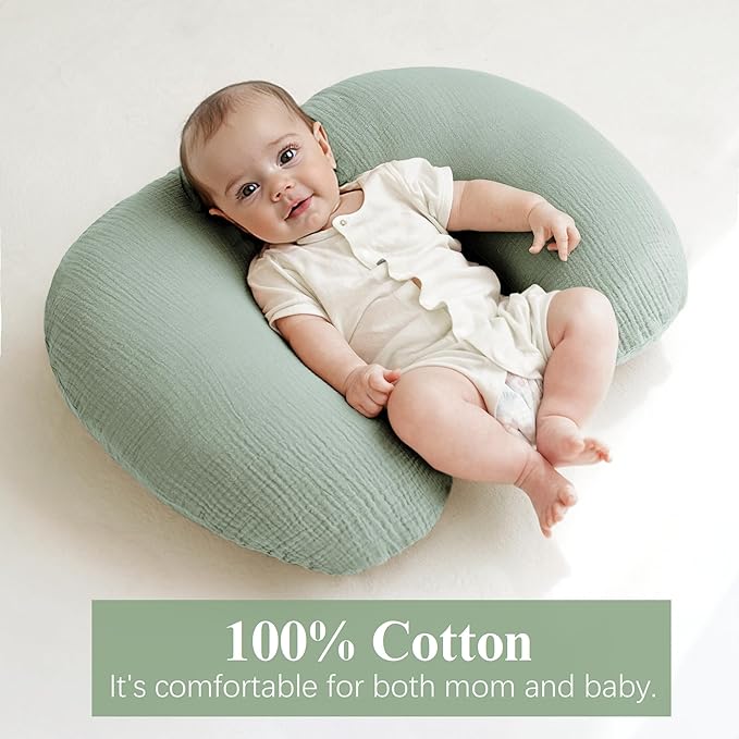 Muslin Nursing Pillow Covers, 2 Pack, Soft & Adorable Slipcovers with Zipper Closure, 100% Cotton Covers for Breastfeeding Pillows (Green)