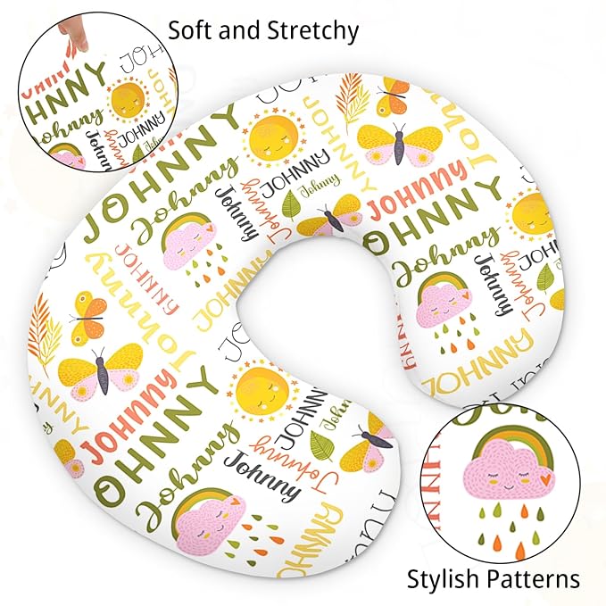 Baby Nursing Pillow Cover - Personalized Name Breastfeeding Pillow Cover with Butterfly Pattern, Stretchy Removable U-Shaped for New Moms, Soft Breathable Slipcover for Infant Boys Girls