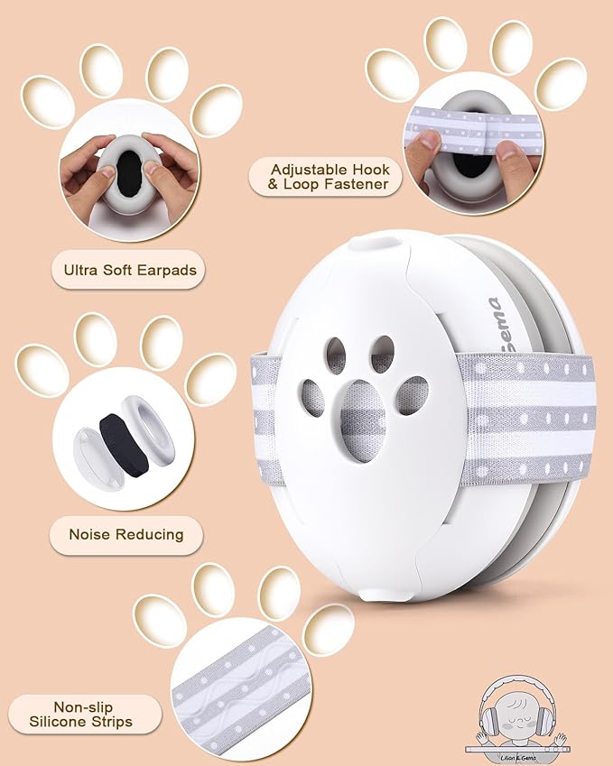 Lilian&Gema 2-in-1 Baby Ear Muffs Noise Protection up to 48 Months - Baby Airplane/Travel Essentials - Adjustable Noise Reduction Earmuffs - Ear Protection Headphones for Infant & Toddler, White