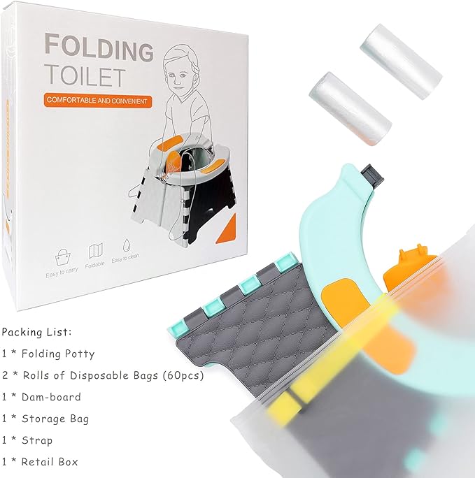 Toddler Portable Potty Training Seat for Kids Baby Foldable Toilet Child Travel Potty in Car Camping Potty Chair Seat for Indoor Outdoor, with 60 Disposable Bags