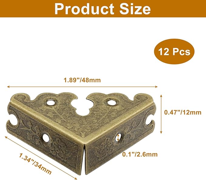 Bivethoi 12 Pack 1.34" x 1.34" Decorative Corner Protectors, Retro Style Edge Safety Guards Antique Bronze Covers, Vintage Metal Edge Cover for Furniture/Table/Jewelry Box