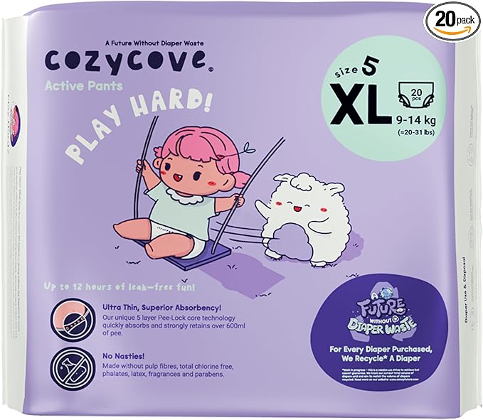 Cozycove Size 5 XL (20-31 lbs) Pull Up Training Pants | Totally Chlorine Free, Fragrance Free, Wetness Indicator | Play Hard Slim Active Pants | 20 Count (1 Bag of 20)