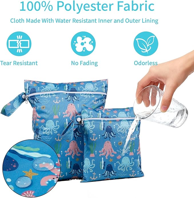 2 Pcs Wet Bags Waterproof Reusable Zippered Pocket Cloth Diaper Bag for Travel Beach Pool Swim, Baby Diapers,Gym Yoga Wet Clothes,Swimsuit,water wipes (Octopus)