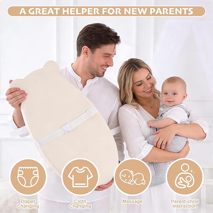 Baby Changing Pad, Waterproof & Wipeable Soft Diaper Changing Mat with PU Cover, Contoured Baby Changing Pad for Dresser & Table, with Non-Slip Safety Belt, Portable & Lightweight,Large Cushioned Foam